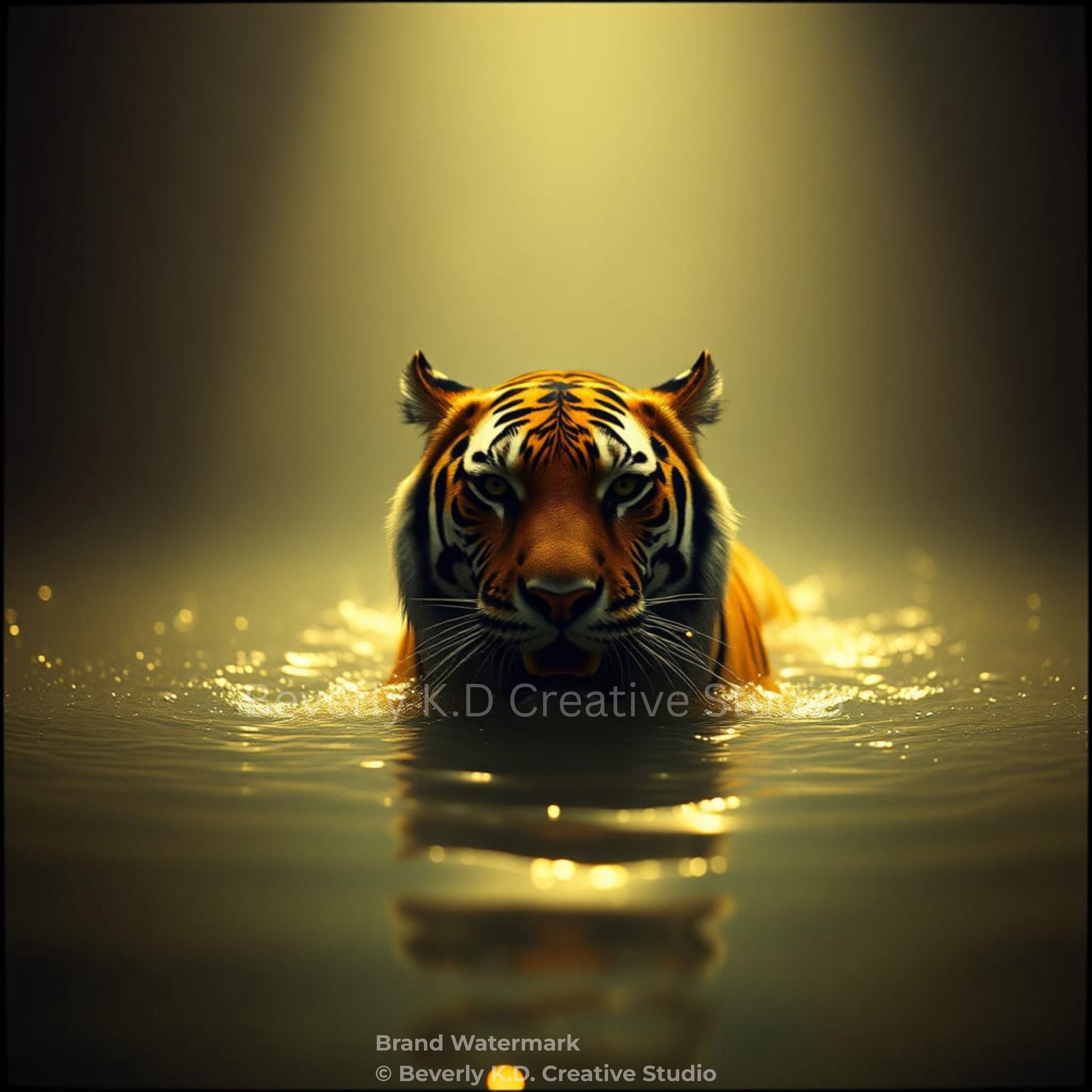 Golden Guardian Tiger in Water – Majestic Wildlife Digital Art