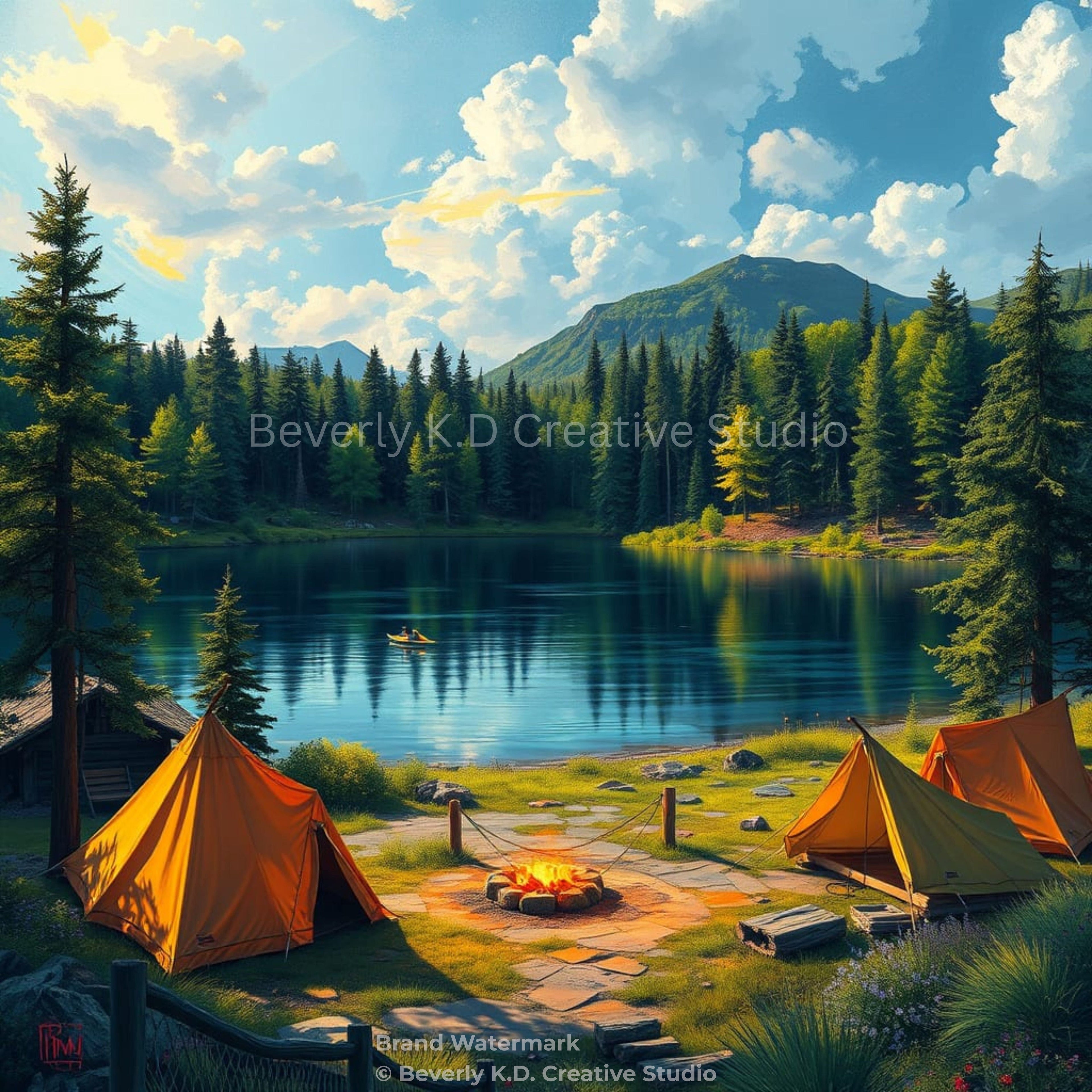 Lakeside Camping – Mountain Campfire Nature Digital Art Print
