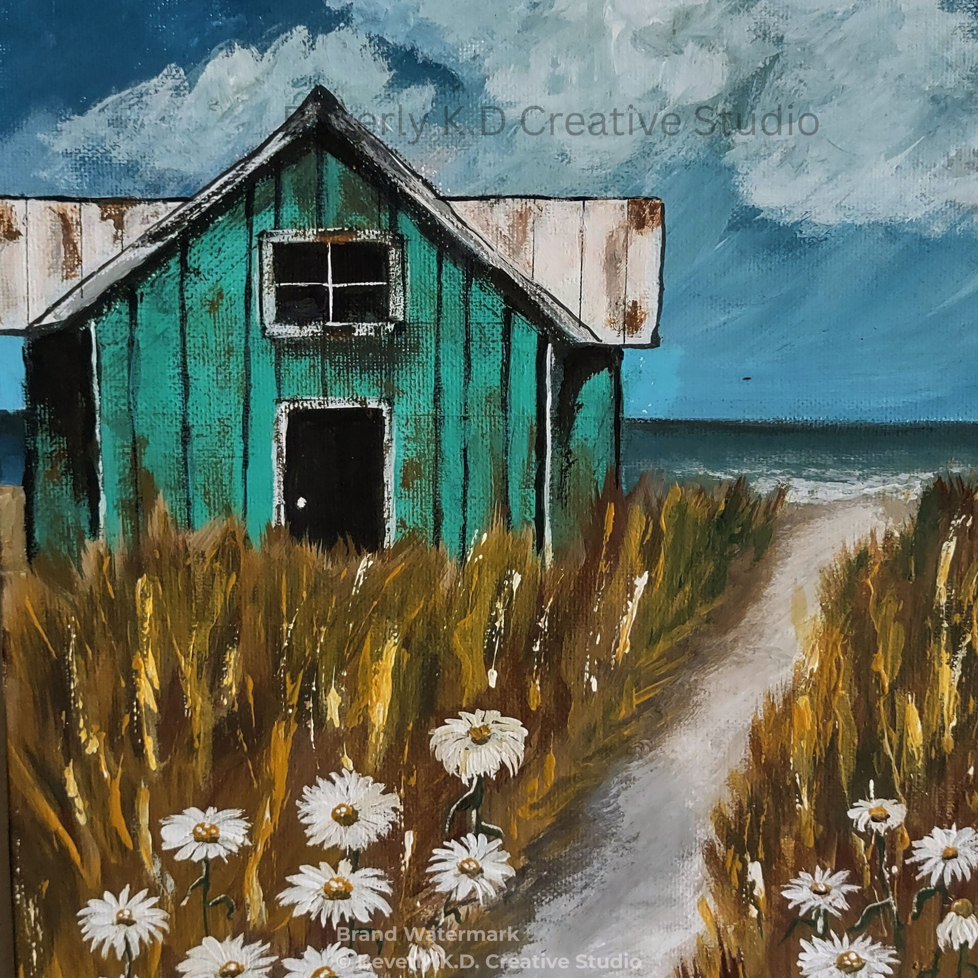 Daisy Path to the Shore – Coastal Cottage Landscape Painting