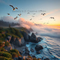 Coastal Sunset with Seabirds — Digital Art Print