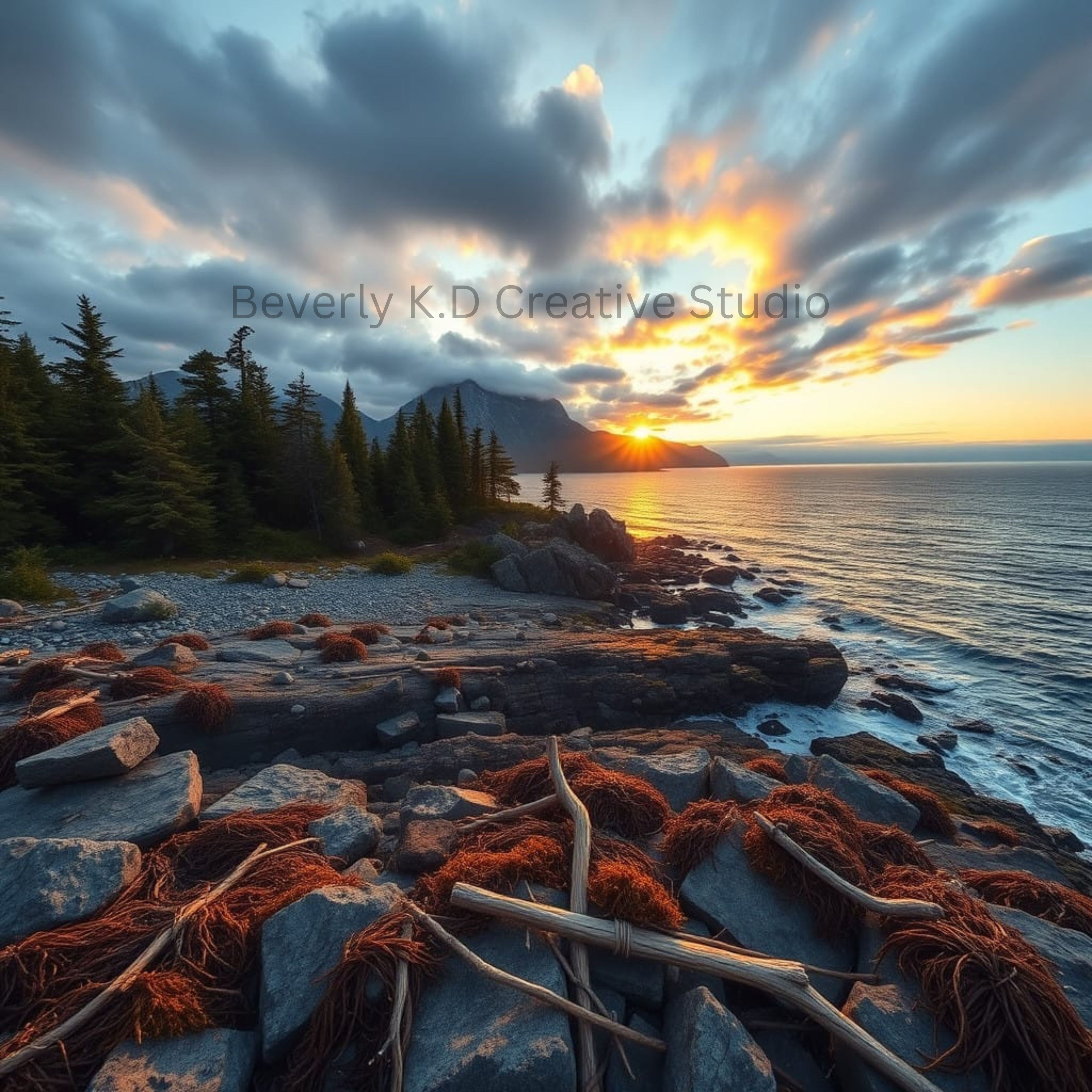 Rocky Lakeshore Sunset — Digital Art Print