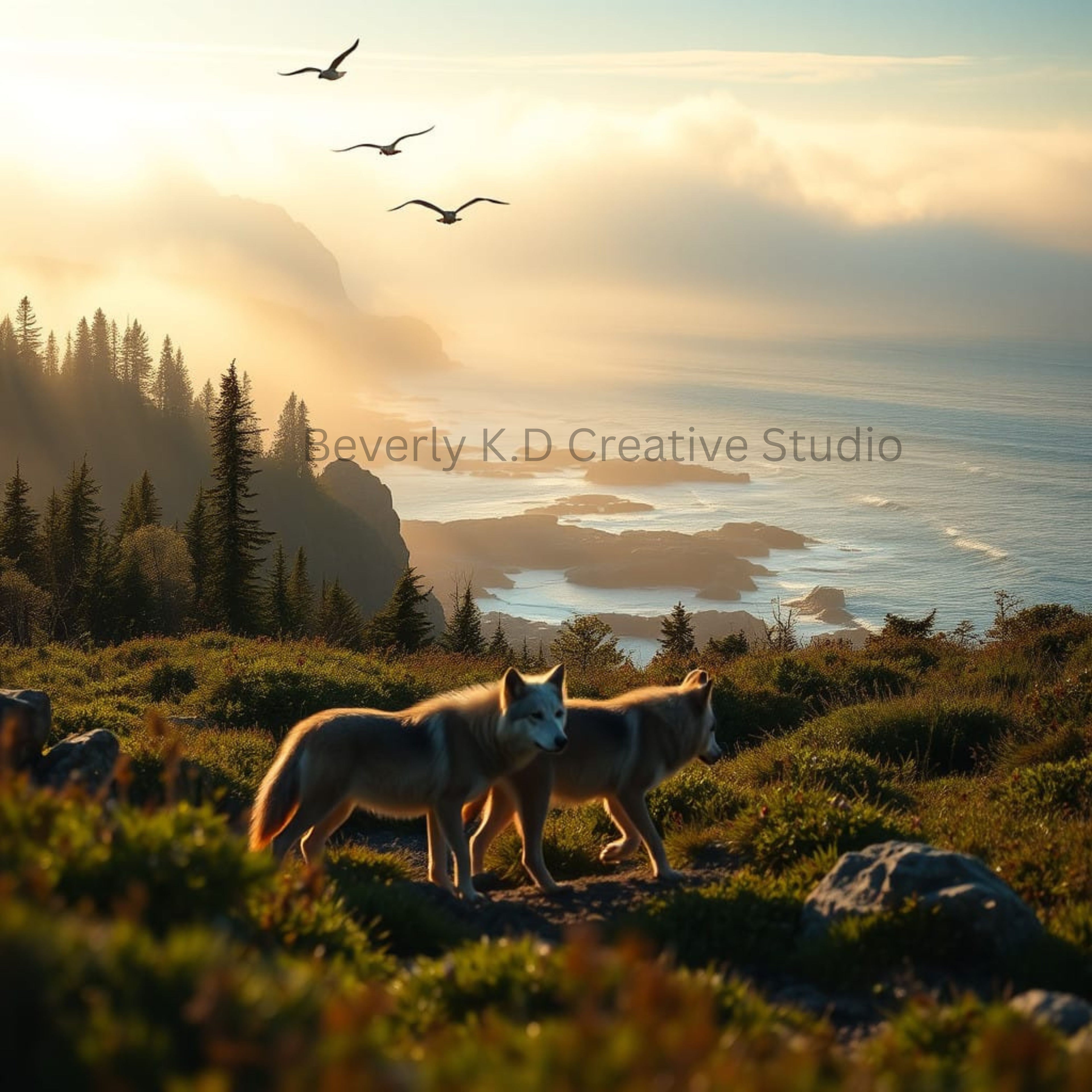 Wolves on the Misty Coast — Digital Art Print