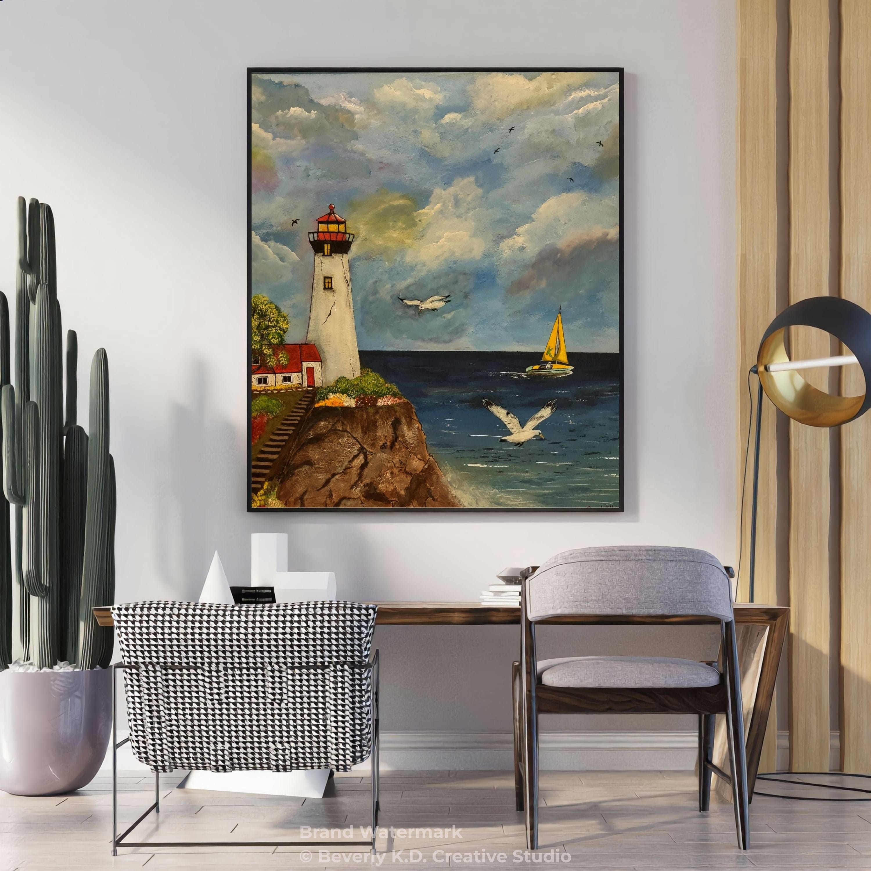 Beacon of Serenity – Lighthouse Coastal Landscape Painting