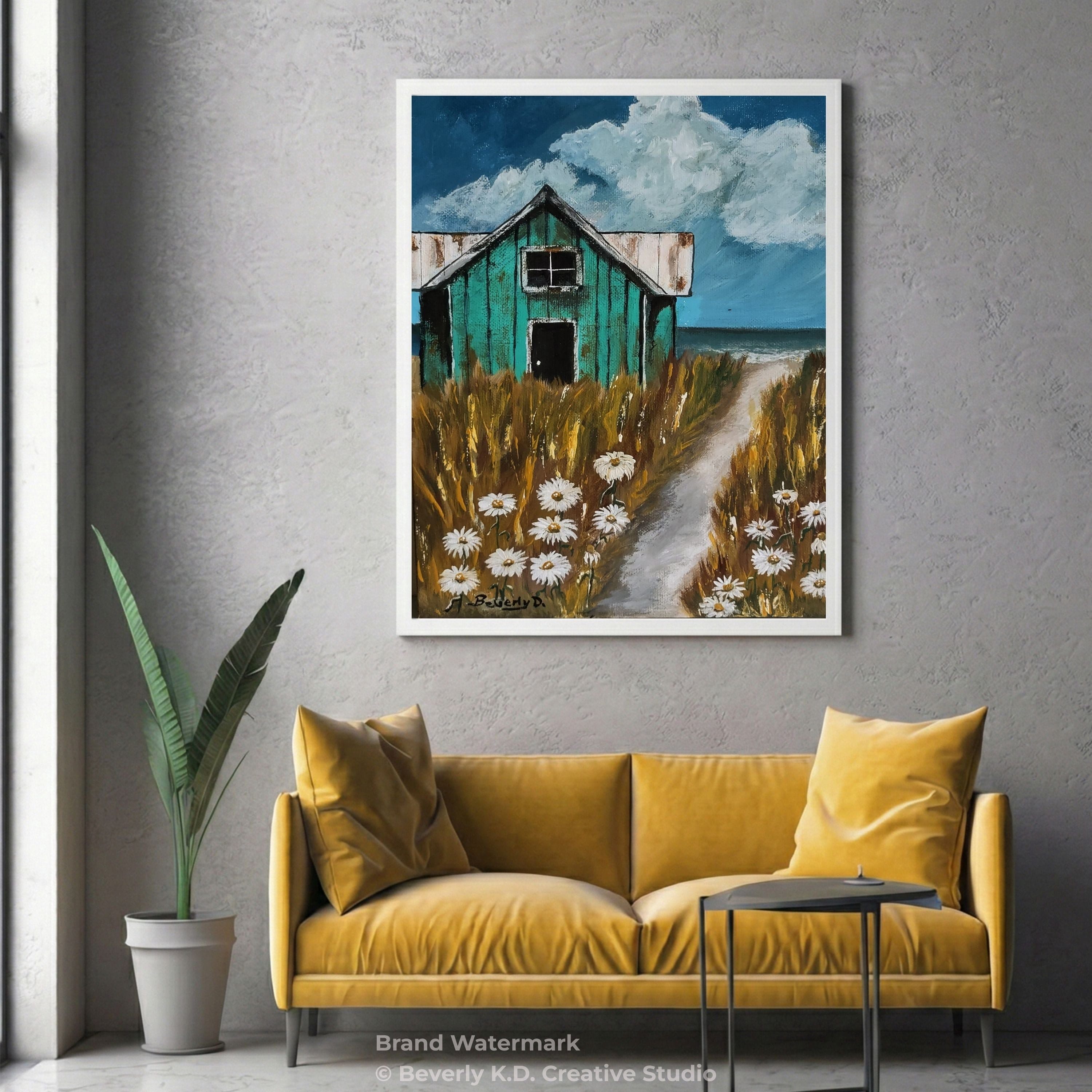 Daisy Path to the Shore – Coastal Cottage Landscape Painting