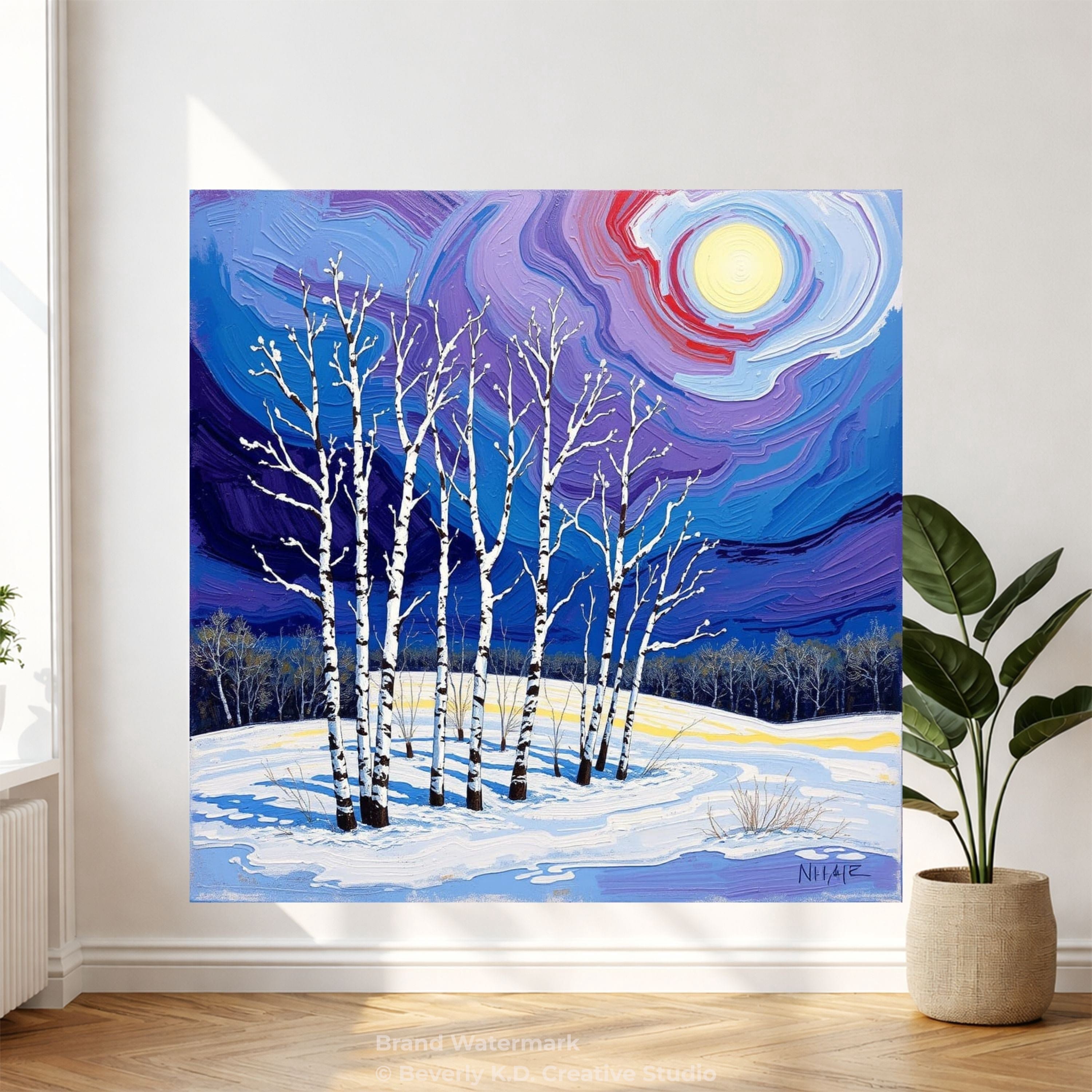 Moonlit Birch Trees in Winter – Colorful Snow Landscape Digital Art