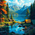 On the Lake – Lakeside Campsite & Cabin Digital Art Print