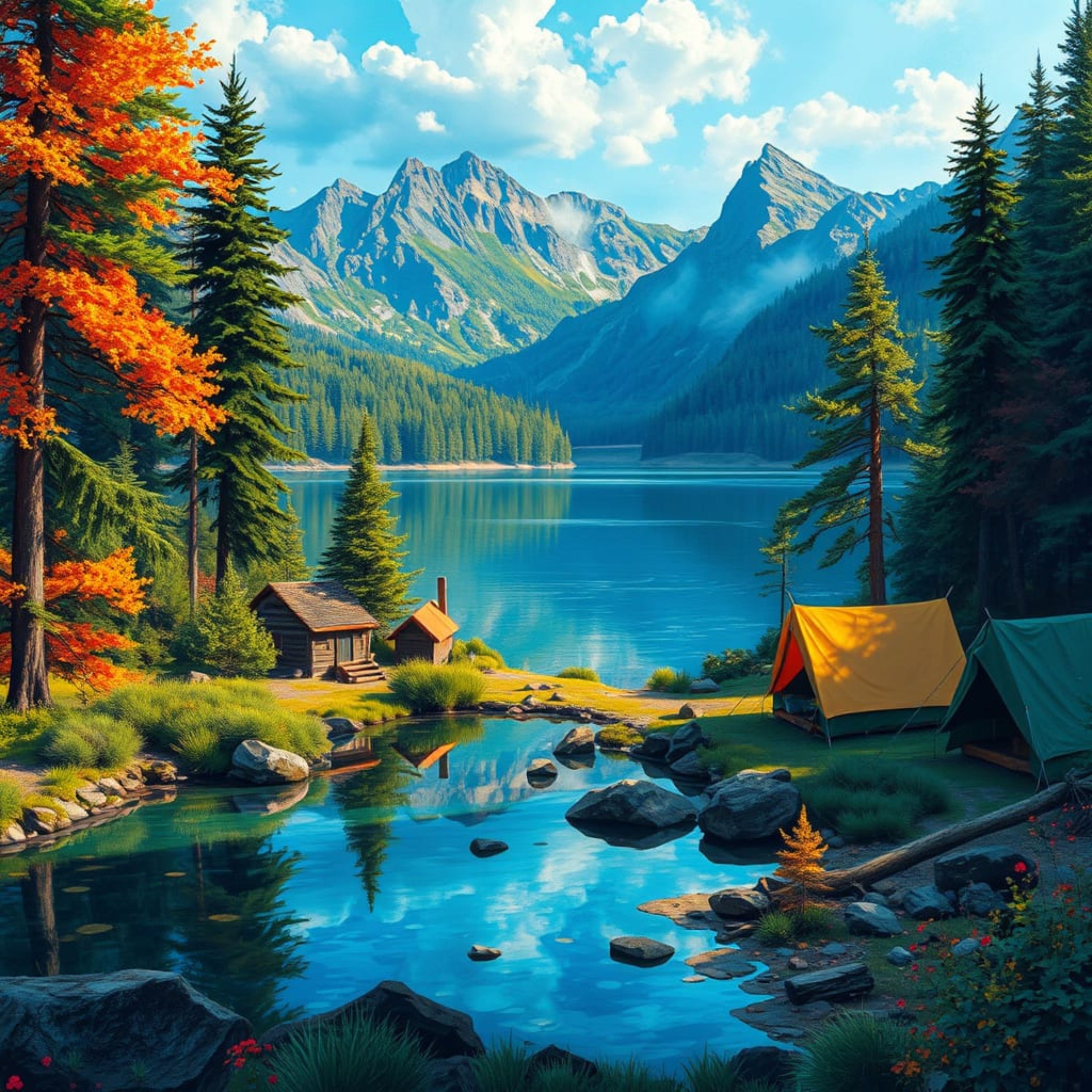 On the Lake – Lakeside Campsite & Cabin Digital Art Print