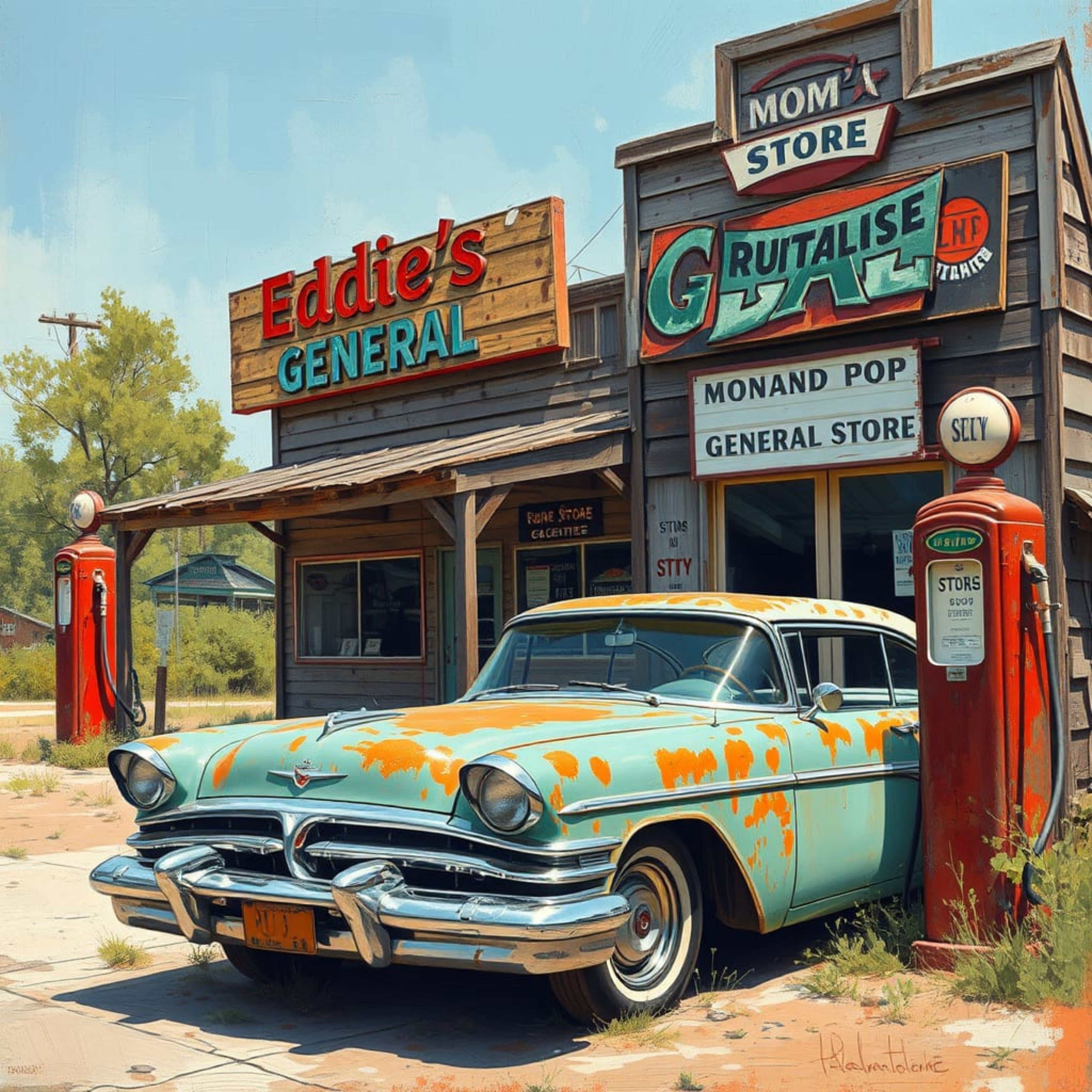 Eddie's General Store – Vintage Car and Rustic Country Charm Digital Art