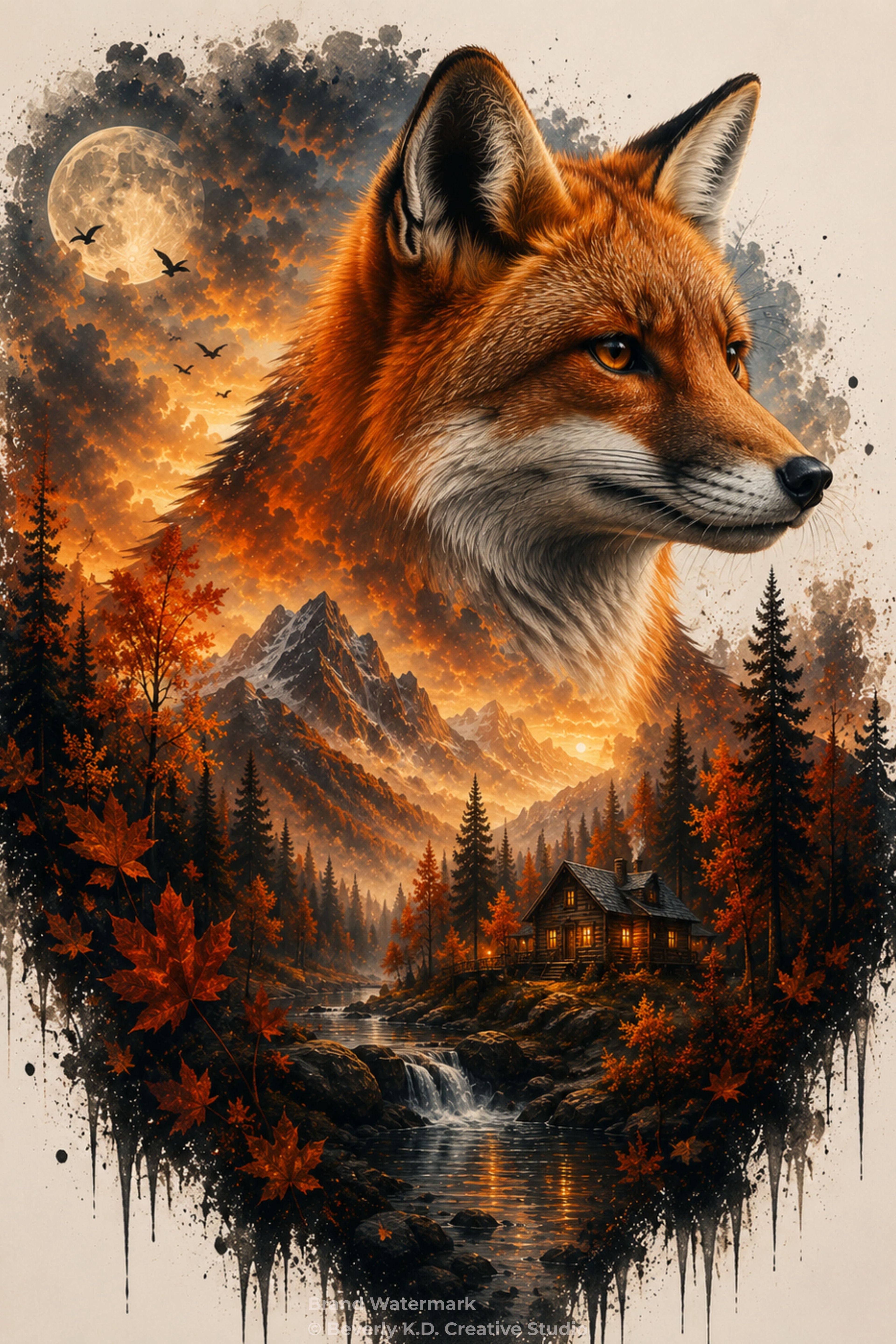 Autumn Fox at Moonrise – Mystical Wildlife Digital Art Print