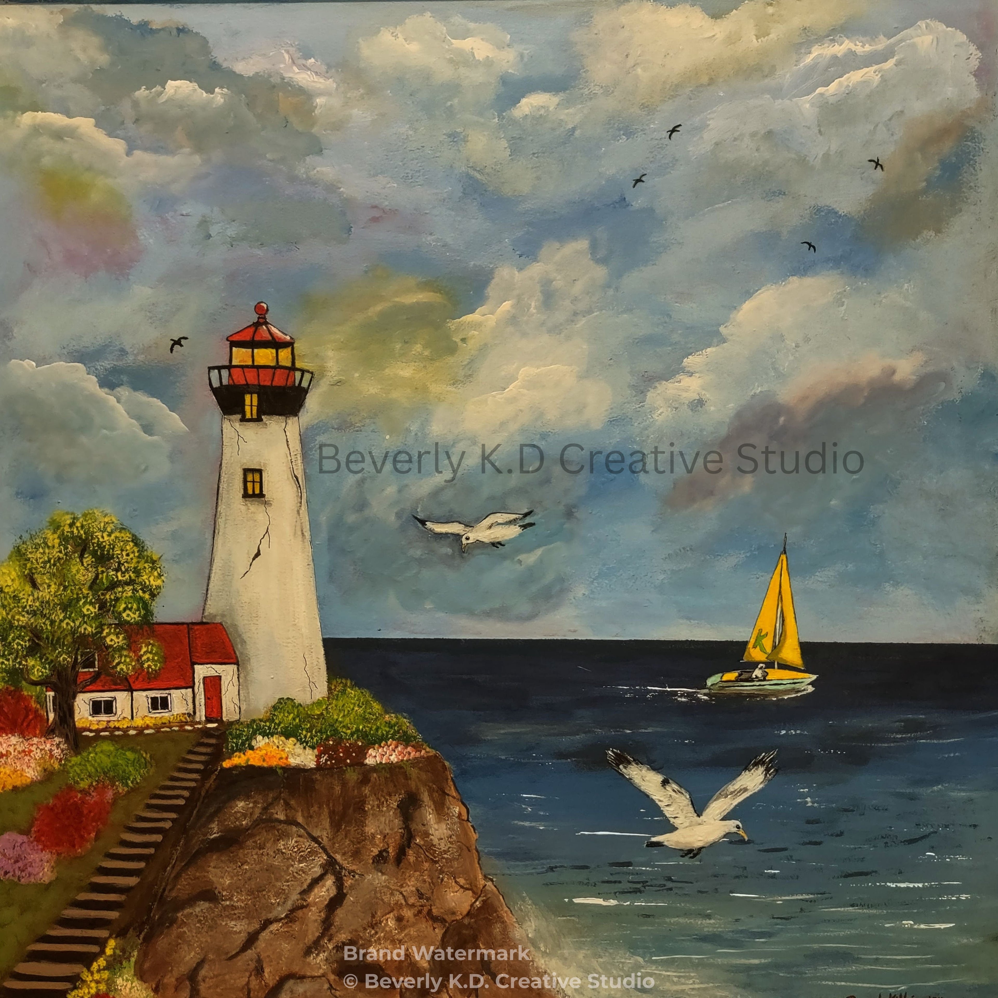 Beacon of Serenity – Lighthouse Coastal Landscape Painting