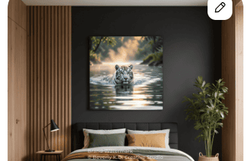 White tiger swimming through a misty river, displayed as a large canvas print in a bedroom