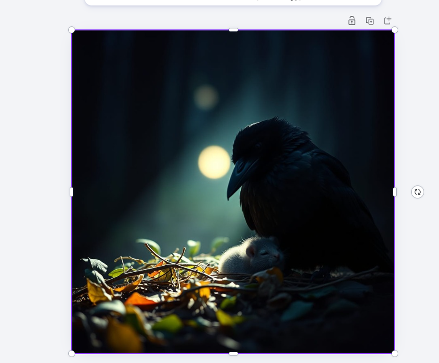 A raven standing guard over a tiny white chick nestled in autumn leaves under a glowing moon in a dark forest