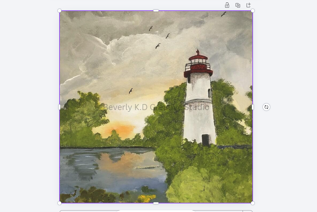 Original acrylic painting of a lighthouse at sunset surrounded by green trees and a calm waterway with birds in the sky