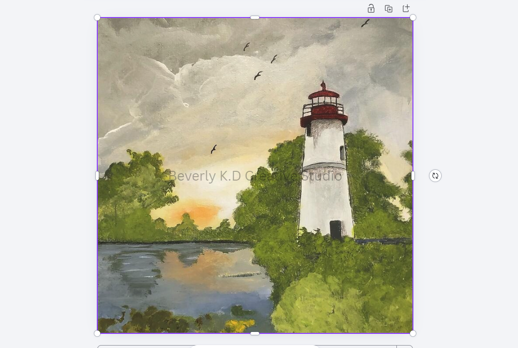 Original acrylic painting of a lighthouse at sunset surrounded by green trees and a calm waterway with birds in the sky