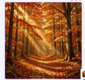 Sunlit golden maple forest path with fiery red and orange autumn leaves